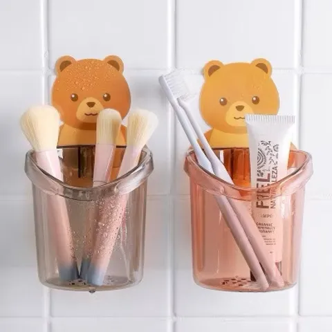 COMBO 2 Cốc gấu đựng bàn chải kem đánh răng có lỗ thoát nước, Cốc gấu dán tường siêu dính