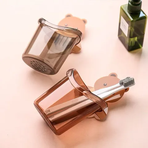 COMBO 2 Cốc gấu đựng bàn chải kem đánh răng có lỗ thoát nước, Cốc gấu dán tường siêu dính