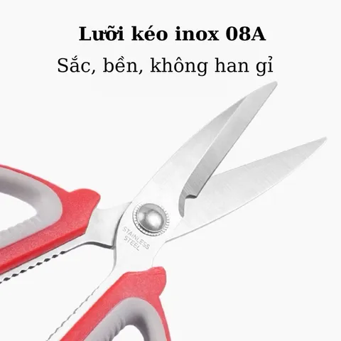 Kéo Màu Đỏ Inox Đa Năng Cán Nhựa Dụng Cụ Nhà Bếp Cắt Thực Phẩm Cao Cấp Siêu Bền