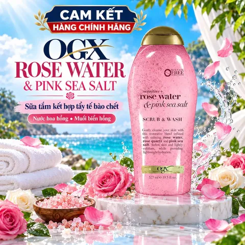 Sữa tắm dưỡng da Rose Water & Pink Sea Salt OGX 577ml màu hồng