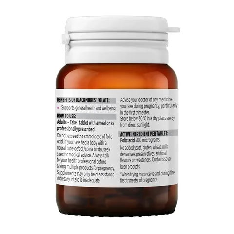 Blackmores Folate 500mcg - Hỗ trợ sản xuất hồng cầu khỏe mạnh giúp giảm nguy cơ thiếu máu do thiếu axit folic chính hãng Úc