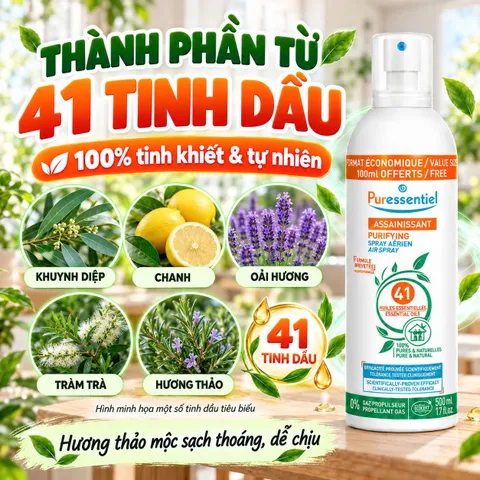 Puressentiel Assainissant 500ml - Xịt Làm Sạch Không Khí 41 Tinh Dầu, Khử Mùi Phòng & Ô Tô(chai móp nhẹ)