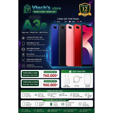 Oppo A3s 6GB/128GB - Màn Hình 6.2 Inch, Pin 4230mAh, Dùng Mượt Cho Cha Mẹ, Trẻ Em Học Online, Máy Đẹp Bảo Hành