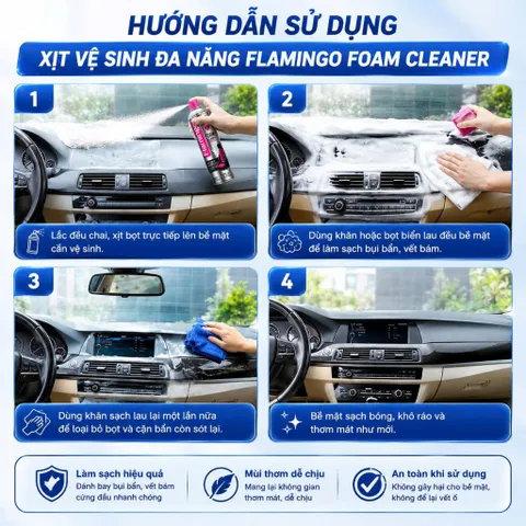 Xịt vệ sinh đa năng Flamingo F002 Foam Cleaner dạng bọt vệ sinh nội thất ghế da cánh cửa taplo mùi thơm nhẹ
