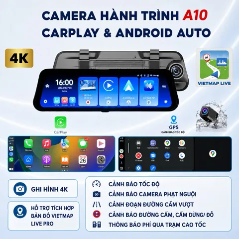 Camera hành trình A10 XETABON wifi kết nối CarPlay bản đồ Vietmap cảnh báo tốc độ phạt nguội ghi hình 4K trước sau