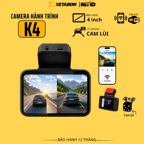 Camera hành trình ô tô K4 wifi kết nối điện thoại, ghi hình trước sau tích hợp lùi, chính hãng Xetabon phân phối