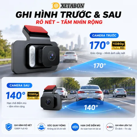 Camera hành trình ô tô K4 wifi kết nối điện thoại, ghi hình trước sau tích hợp lùi, chính hãng Xetabon phân phối