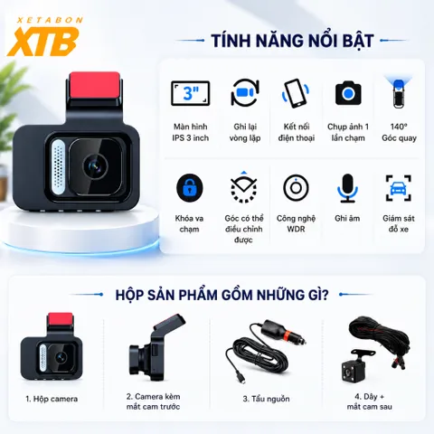Camera hành trình ô tô K4 wifi kết nối điện thoại, ghi hình trước sau tích hợp lùi, chính hãng Xetabon phân phối