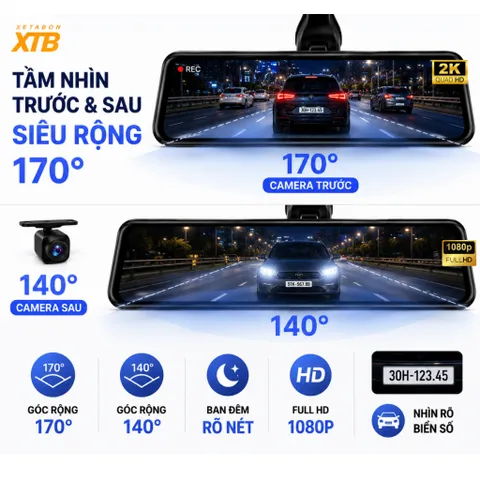 Camera hành trình gương N3 CARLOVER 2K màn gương cảm ứng ghi hình đồng thời trước sau quay đêm nét