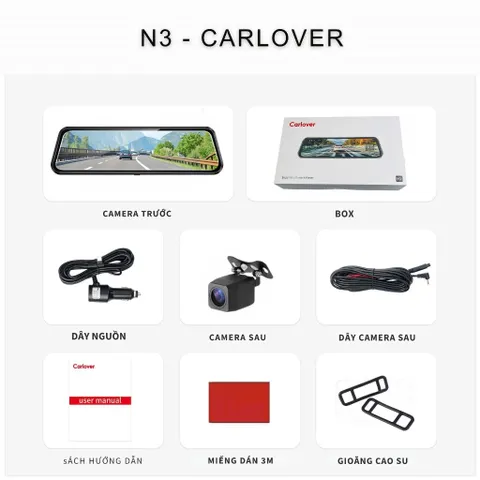 Camera hành trình gương N3 CARLOVER 2K màn gương cảm ứng ghi hình đồng thời trước sau quay đêm nét