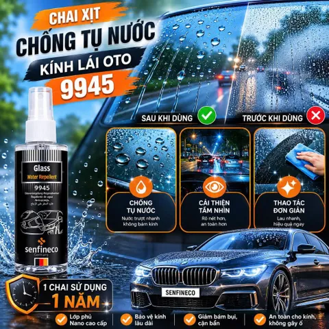 Dung Dịch Xịt Phủ Nano Chống Bám Nước Senfineco 9945 tạo hiệu ứng lá sen, trên kính gương ô tô, kính mắt mũ bảo hiểm