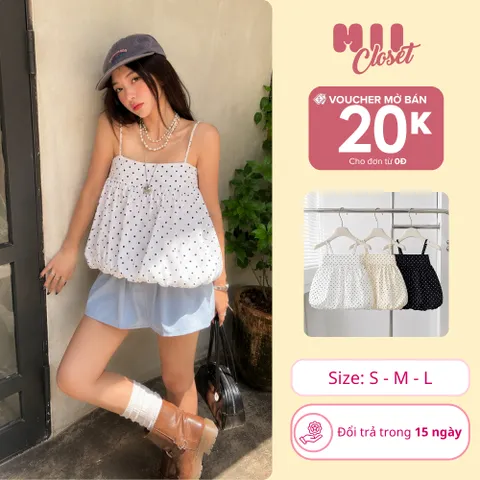 Áo Bí 2 Dây Phồng Có Dây Điều Chỉnh Form Babydoll Rộng Vải Gió Hàn Họa Tiết Chấm Bi A36| Mii Closet
