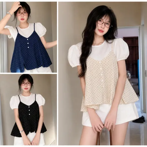 Set Yếm Chấm Bi Dáng Bí Phối Cúc Kèm Áo Tay Bồng Tiểu A37| Mii Closet