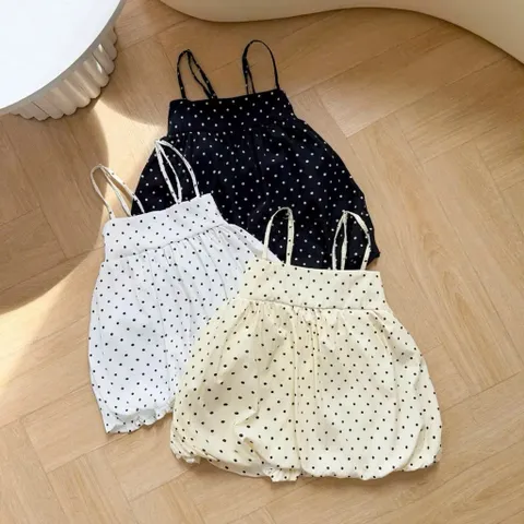 Áo Bí 2 Dây Phồng Có Dây Điều Chỉnh Form Babydoll Rộng Vải Gió Hàn Họa Tiết Chấm Bi A36| Mii Closet