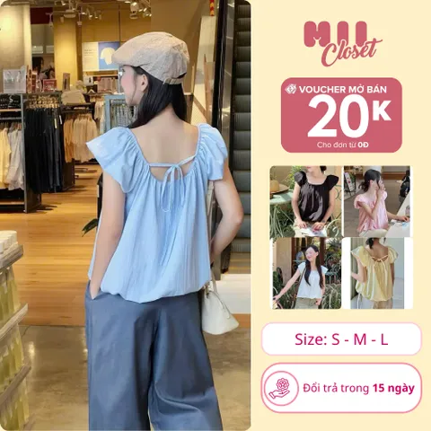 Áo Kiểu Cổ Rộng Dáng Bồng Tay Ngắn Chất Gió Nhăn Mềm Mát Thắt Nơ Sau Lưng Siêu Xinh A38| Mii Closet