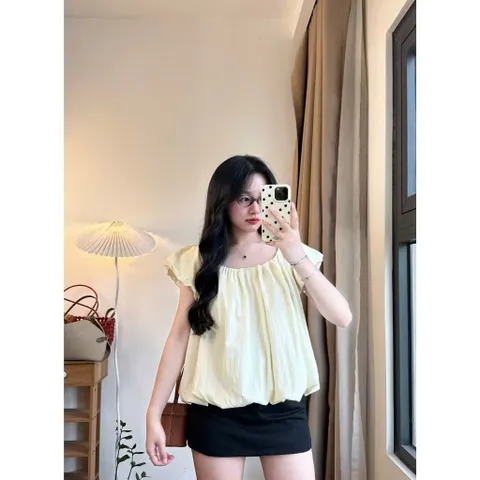 Áo Kiểu Cổ Rộng Dáng Bồng Tay Ngắn Chất Gió Nhăn Mềm Mát Thắt Nơ Sau Lưng Siêu Xinh A38| Mii Closet