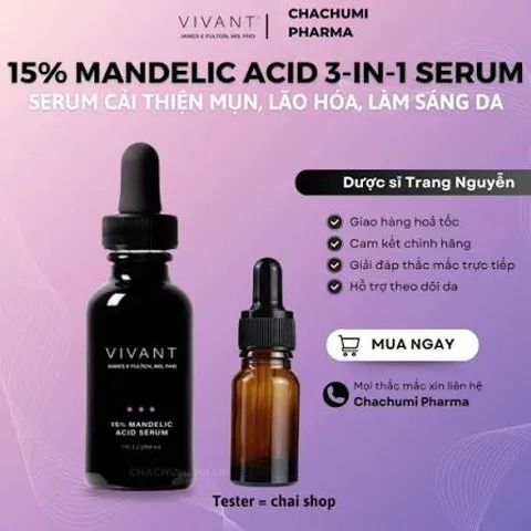 Serum Vivant Skincare 15% Acid Mandelic - giảm mụn, giảm thâm nám và dấu hiệu lão hóa da 30ml - Đẹp tự nhiên, da sáng khỏe