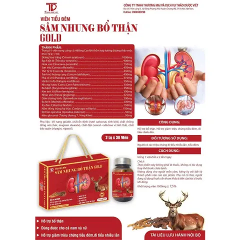 (CHÍNH HÃNG)HỘP 2 CHAI 30V SÂM NHUNG BỔ THẬN GOLD BỔ THẬN , TIỂU ĐÊM