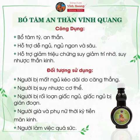 Bổ Tâm An Thần Vĩnh Quang chai 280ml Hỗ trợ dễ ngủ, ngủ ngon, giảm triệu chứng suy giảm trí nhớ