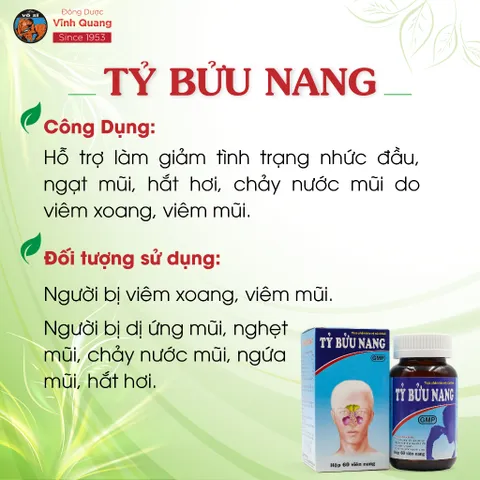 Tỷ Bửu Nang VĨNH QUANG - Viêm xoang, Viêm mũi dị ứng, Nghẹt mũi, Chảy nước mũi - Hộp 60 viên