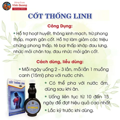 Combo 3 chai Cốt Thống Linh VĨNH QUANG - Hoạt huyết, thấp khớp, đau lưng - chai 280ml