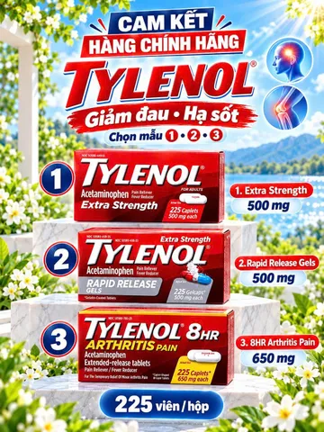 VIÊN UỐNG HỖ TRỢ GIẢM ĐAU, HẠ SỐT TYLENOL (HỘP 225 VIÊN) – CHUẨN NỘI ĐỊA MỸ