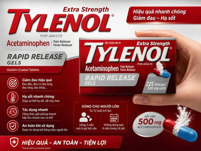 VIÊN UỐNG TYLENOL GIẢM ĐAU VÀ HẠ SỐT NỘI ĐỊA MỸ (HỘP LỚN 225 VIÊN)