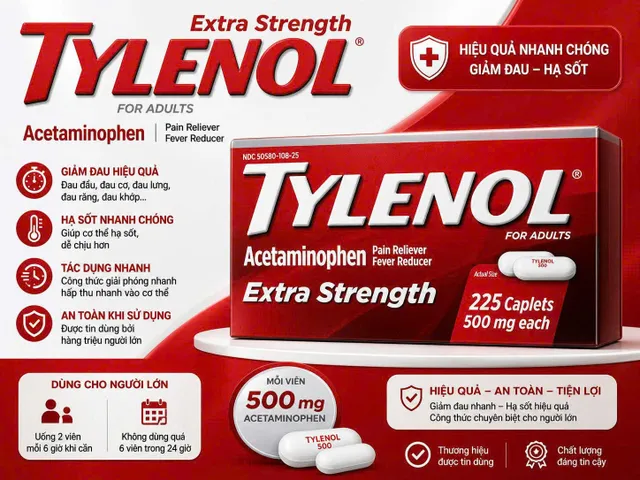 VIÊN UỐNG TYLENOL GIẢM ĐAU VÀ HẠ SỐT NỘI ĐỊA MỸ (HỘP LỚN 225 VIÊN)