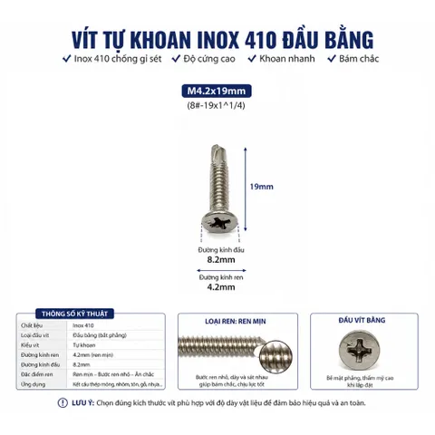 [Combo 100] Vít Tự Khoan Inox 410 M4.2x19mm Đầu Bằng | Ren Mịn, Bắn Nhôm Kính, Cơ khí, Dân dụng
