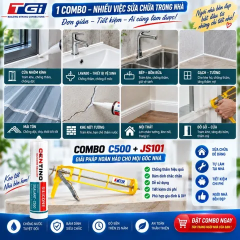 Combo Keo Silicone C500 Kèm Súng JS101 | Keo Chống Thấm Khe Gạch, Nhôm Kính, Lavabo, mái tôn