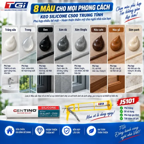 Combo Keo Silicone C500 Kèm Súng JS101 | Keo Chống Thấm Khe Gạch, Nhôm Kính, Lavabo, mái tôn