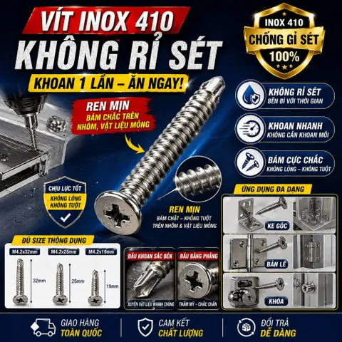 [Combo 50] Vít Tự Khoan Inox 410 M4.2x19mm Đầu Bằng | Ren Mịn, Bắn Nhôm Kính, Cơ khí, Dân dụng