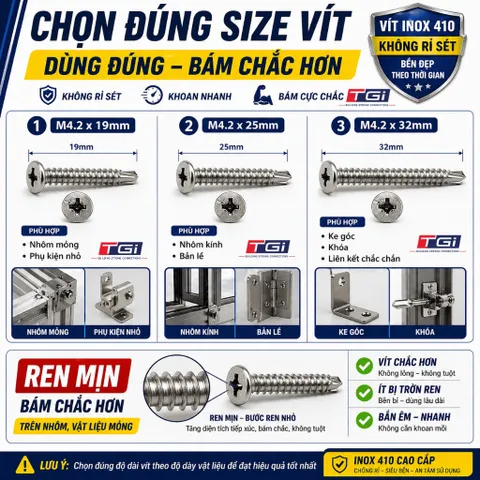 Vít Tự Khoan Inox 410 Đầu Bằng M4.2 (19mm, 25mm, 32mm) - Vít Bắn Tôn, Nhôm Kính, sắt thép