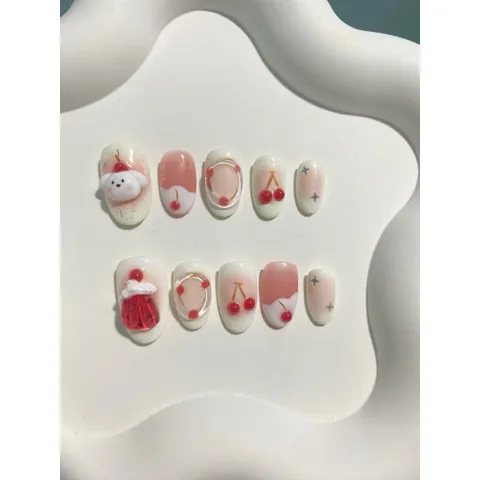 09. Nailbox thiết kế, Móng úp, Móng tay giả hoạ tiết trái cherry - Nailbox thú nổi dễ thương
