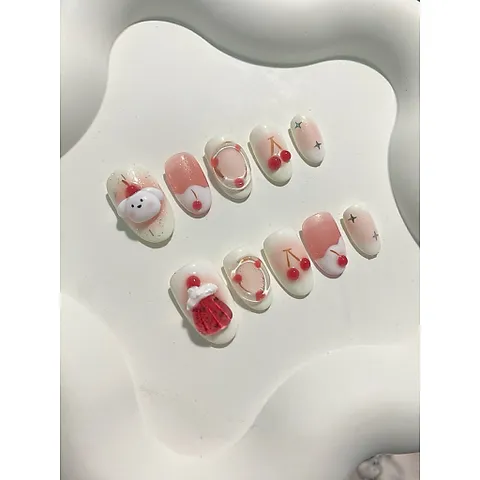 09. Nailbox thiết kế, Móng úp, Móng tay giả hoạ tiết trái cherry - Nailbox thú nổi dễ thương