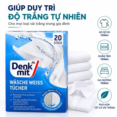Giấy Giặt Tẩy Trắng Quần Áo Denkmit Đức, Giữ Quần Áo Sáng Đẹp Bền Màu Hiệu Quả, Tiết Kiệm Thời Gian Giặt Dũ