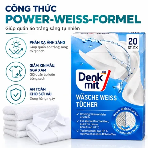 Giấy Giặt Tẩy Trắng Quần Áo Denkmit Đức, Giữ Quần Áo Sáng Đẹp Bền Màu Hiệu Quả, Tiết Kiệm Thời Gian Giặt Dũ