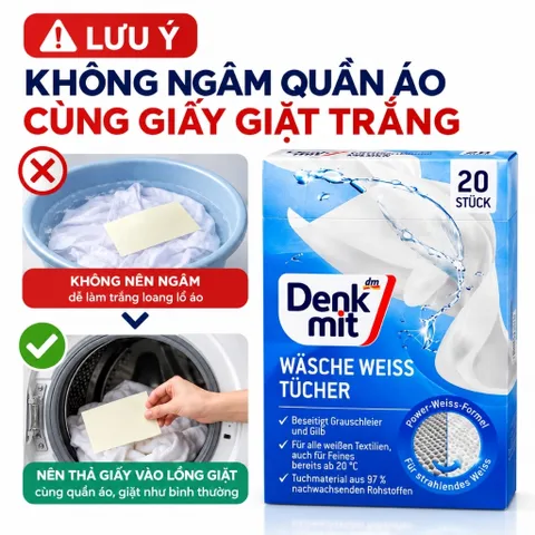 Giấy Giặt Tẩy Trắng Quần Áo Denkmit Đức, Giữ Quần Áo Sáng Đẹp Bền Màu Hiệu Quả, Tiết Kiệm Thời Gian Giặt Dũ