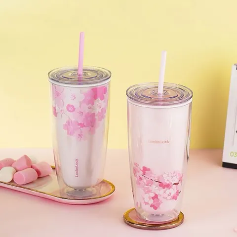 Ly nhựa 2 lớp Cherry Blossom kèm ống hút Lock&Lock 750ML - HAP509