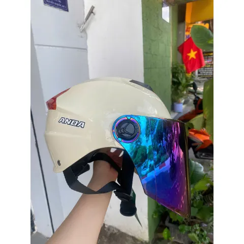Nón bảo hiểm nửa đầu Anda màu sữa bóng kính dài che cằm siêu đẹp