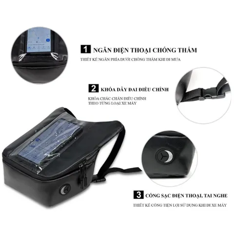 Túi treo đầu xe da Simili chống thấm, cảm ứng siêu mượt - Túi treo xe đi phượt, xe ôm, shipper