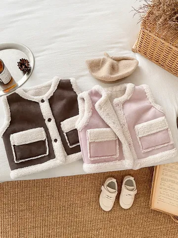 Hàng QC - Áo gile lông cừu túi hộp trơn vintage hàn quốc ấm áp dày dặn mùa đông cho bé gái