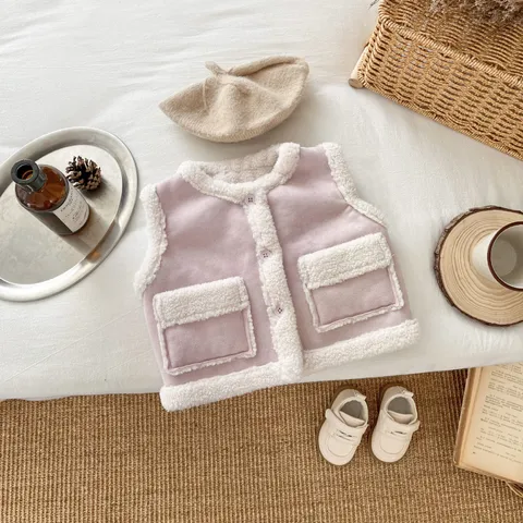 Hàng QC - Áo gile lông cừu túi hộp trơn vintage hàn quốc ấm áp dày dặn mùa đông cho bé gái