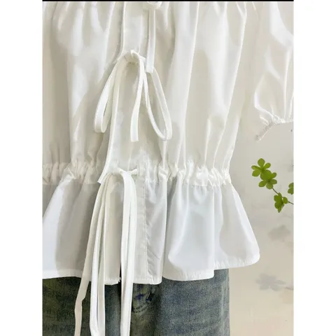 Áo Kiểu Nữ Cổ Sen Bèo Tay Bồng Cột Dây – Phong Cách Hàn Quốc Dễ Thương