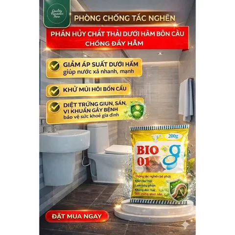Giá sỉ 1 thùng(50 gói tặng 10) Men vi sinh BiO 01 diệt trứng giun, chống đầy bồn cầu, làm tiêu cặn bã,... gói 200g