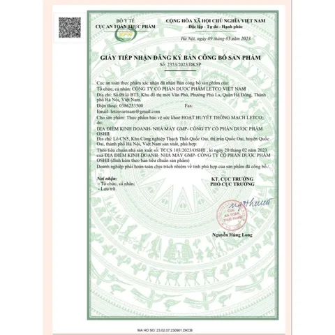 Hoạt Huyết Thông Mạch Letco - Hỗ Trợ Tuần Hoàn Máu Não, Giảm Đau Đầu, Chóng Mặt - Hộp 30 Viên