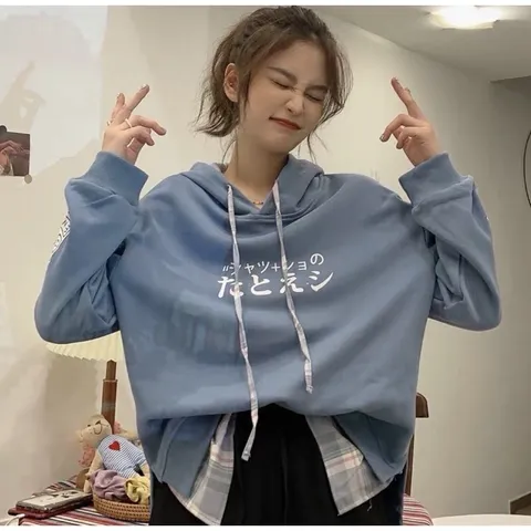 Áo Hoodie Có Nón Giả Sơ Mi Nỉ Bông Dày, Trang Phục Mùa Đông