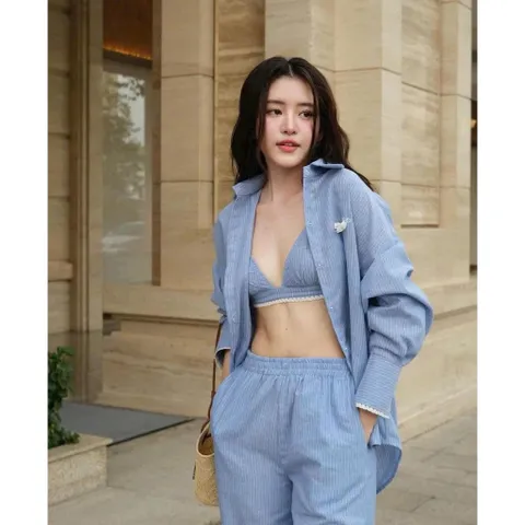 Set Đồ Nữ 3 Món: Áo Sơ Mi Kèm Bra Quần Dài Sọc Dọc Viền Ren, Set Đồ Đi Chơi Cho Nữ