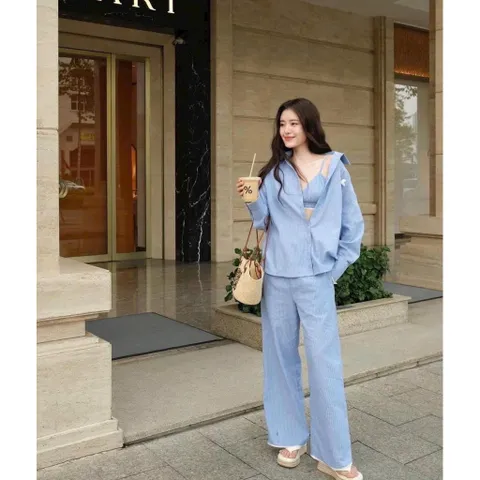 Set Đồ Nữ 3 Món: Áo Sơ Mi Kèm Bra Quần Dài Sọc Dọc Viền Ren, Set Đồ Đi Chơi Cho Nữ