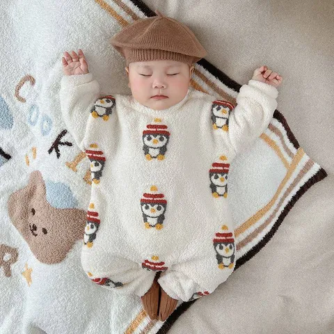 Hàng QC - Bodysuit lông cừu ấm áp dày dặn họa tiết gấu chim cánh cụt cute đáng yêu mùa đông cho bé